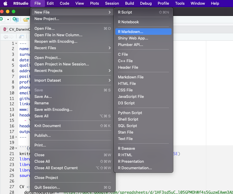 RStudio menu for creating a new R Markdown document