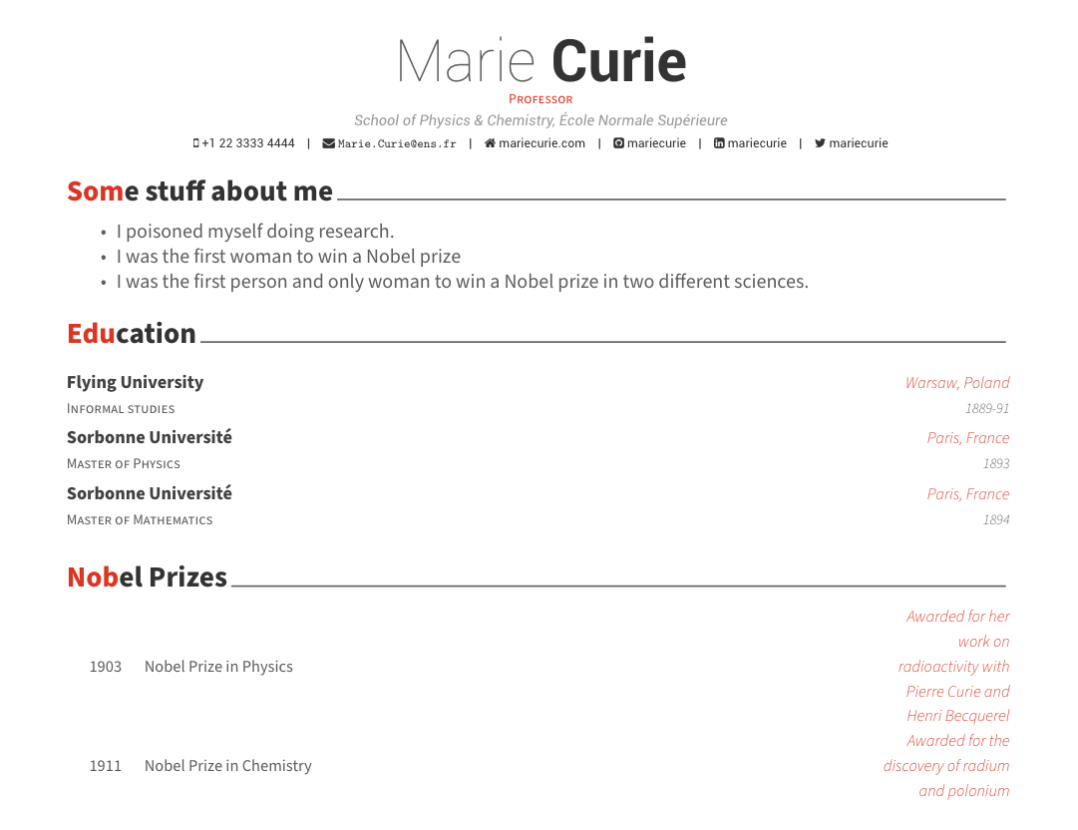 Rendered Awesome CV example for Marie Curie