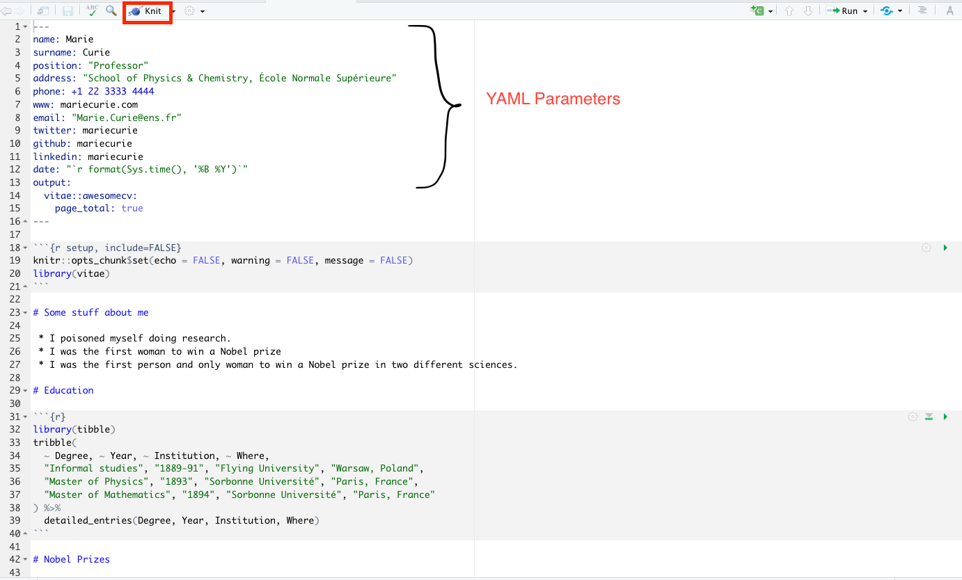 Editor de RStudio con parámetros YAML y entradas de ejemplo para Awesome CV